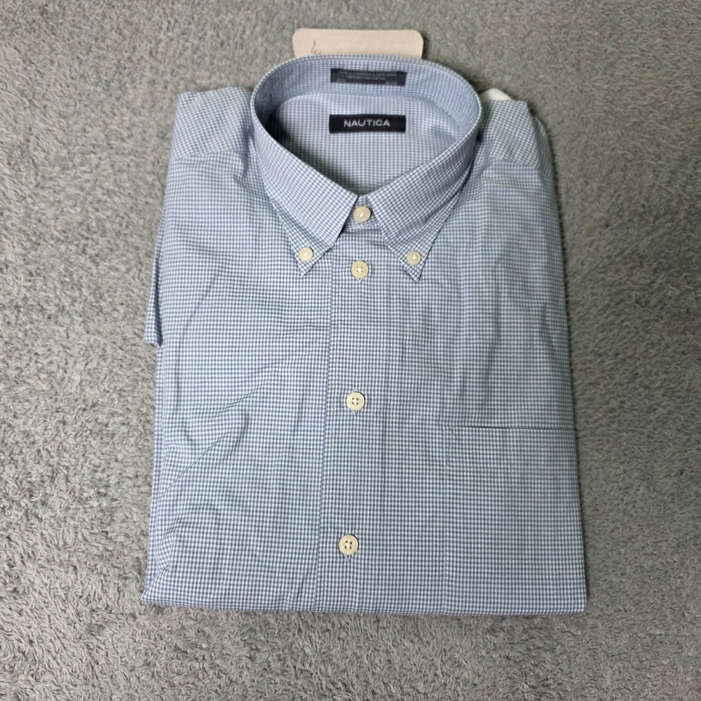 Nautica Mens 15.5 32/33 Button Down Shirt Blue White Gingham Cotton Long Sleeve